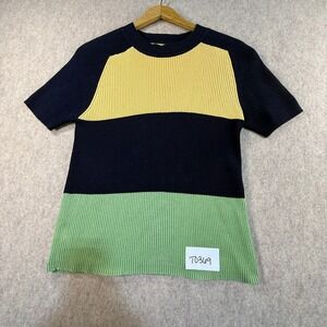 Limited America Vintage Colorblock Ribbed Knit Cotton Short Sleeve Top Navy L